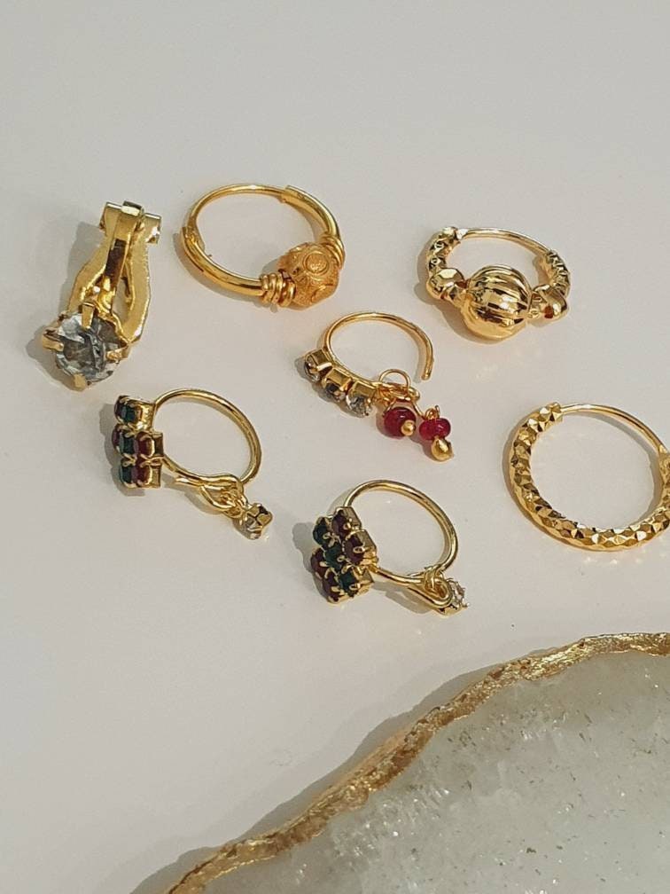 7 Pieces Gold Plated Indian Nose Ring Hoop Lot Wholesale Noserings Indian Nath Nose Jewelry