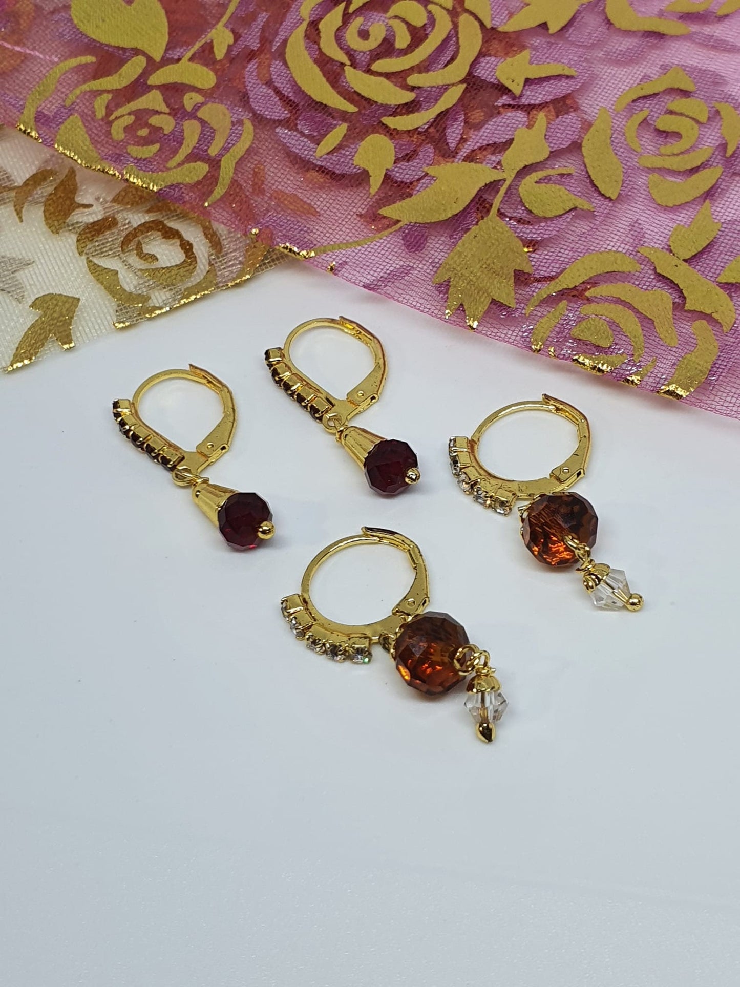 2 Pairs Red Hoop Stone Earrings Gold Tone Bollywood Wedding Indian Jewelry Women Pierced Ears