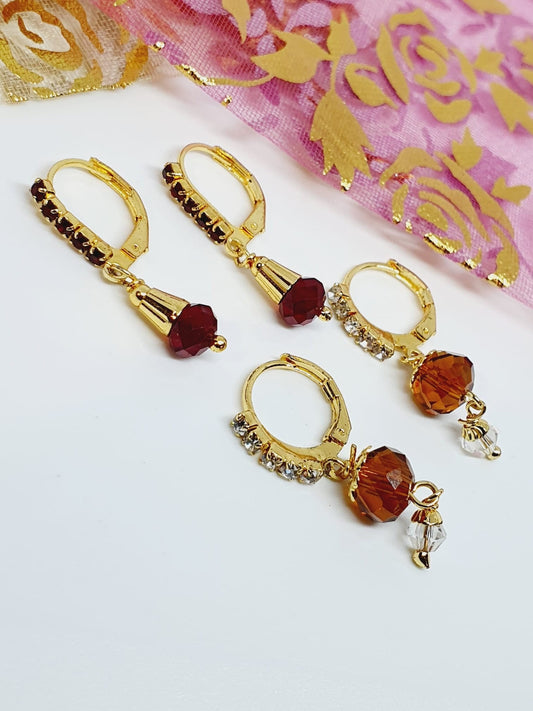 2 Pairs Red Hoop Stone Earrings Gold Tone Bollywood Wedding Indian Jewelry Women Pierced Ears