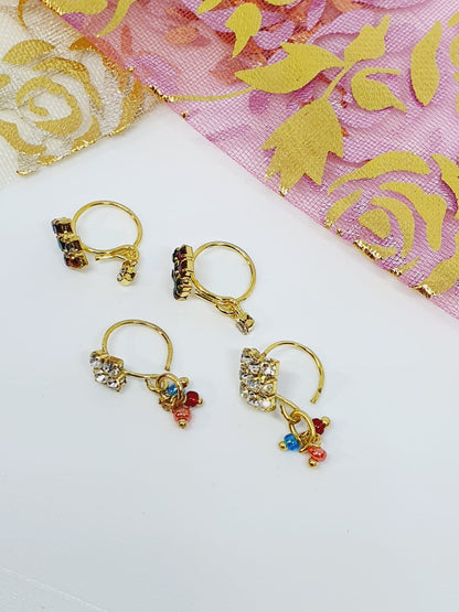 4 Pieces Clear Multi Dangle Nose Ring Gold Tone Bollywood Wedding Indian Jewelry Women Pierced Nose Ring