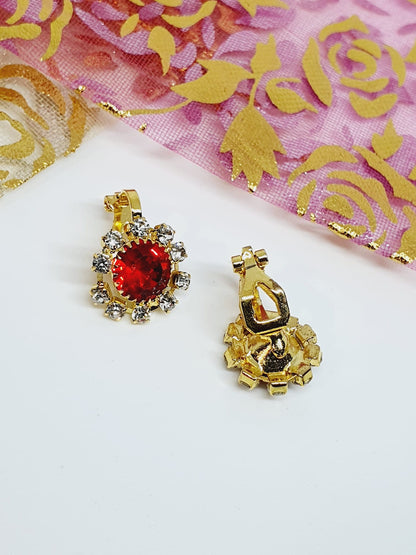 2 Red Clip On Gold Plated Rhinestone Earrings Zirconia Nose Ring