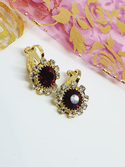 2 Hot Dark Red Clip On Gold Plated Rhinestone Earrings Zirconia Nose Ring