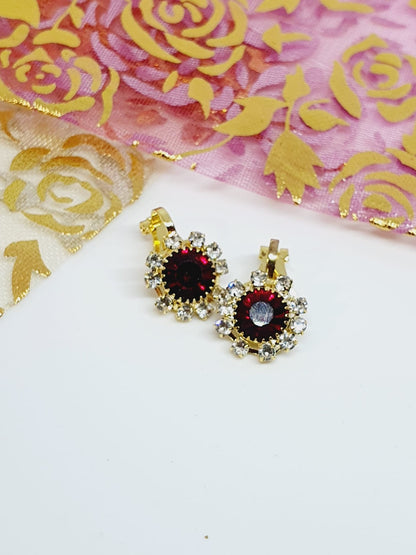 2 Hot Dark Red Clip On Gold Plated Rhinestone Earrings Zirconia Nose Ring