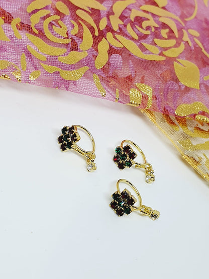 3 Pieces Multi Color Dangle Stone Nose Ring Gold Bollywood Wedding Indian Jewelry Women Pierced Nose Ring