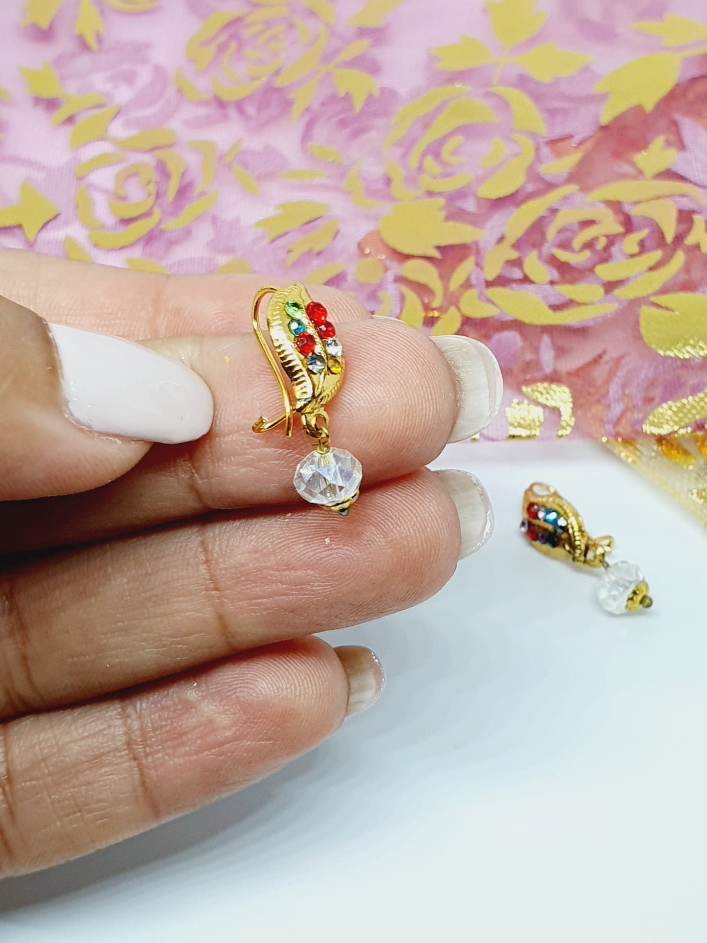 2 Pieces Multi Color Leaf Dangle Stone Gold Bollywood Bridal Indian Jewelry Women Pierced Nose Ring