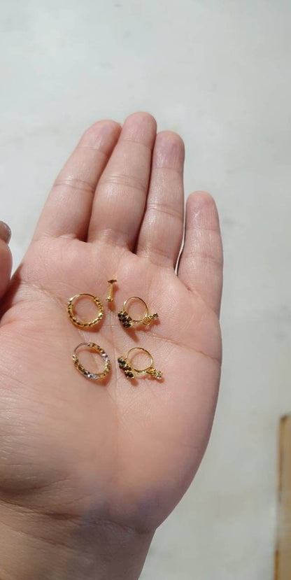 5 Pieces Hoop Dangle Stud Style Stone Gold Bollywood Bridal Indian Jewelry Women Pierced Nose Ring
