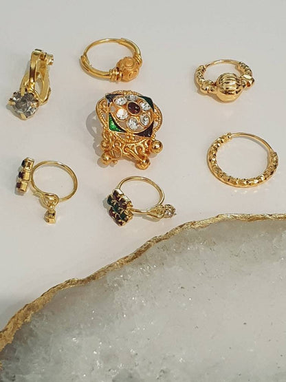 7 Pieces Gold Plated Indian Nose Ring Hoop Lot Wholesale Noserings Indian Nath Nose Jewelry