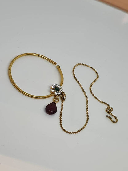 Antique Gold Hoop Nose Ring with Red Stone and Chain