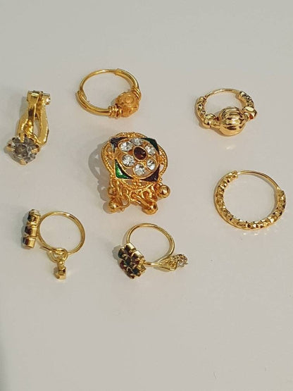 7 Pieces Gold Plated Indian Nose Ring Hoop Lot Wholesale Noserings Indian Nath Nose Jewelry