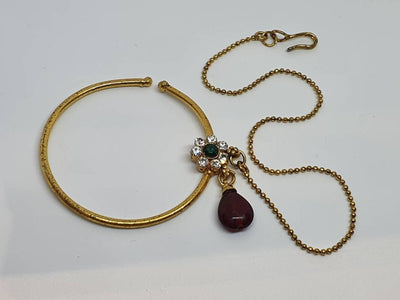 Antique Gold Hoop Nose Ring with Red Stone and Chain