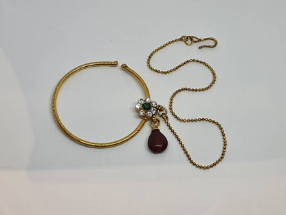 Antique Gold Hoop Nose Ring with Red Stone and Chain