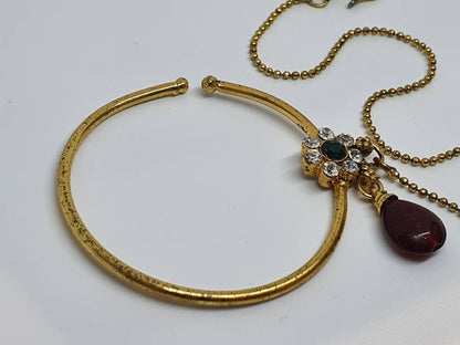 Antique Gold Hoop Nose Ring with Red Stone and Chain