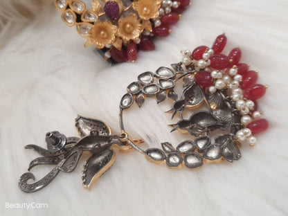 Semi Precious Gold Plated Sparrow Ruby Eyes Stone Earrings Pakistani Designer