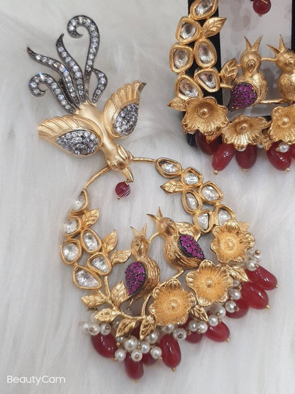 Semi Precious Gold Plated Sparrow Ruby Eyes Stone Earrings Pakistani Designer
