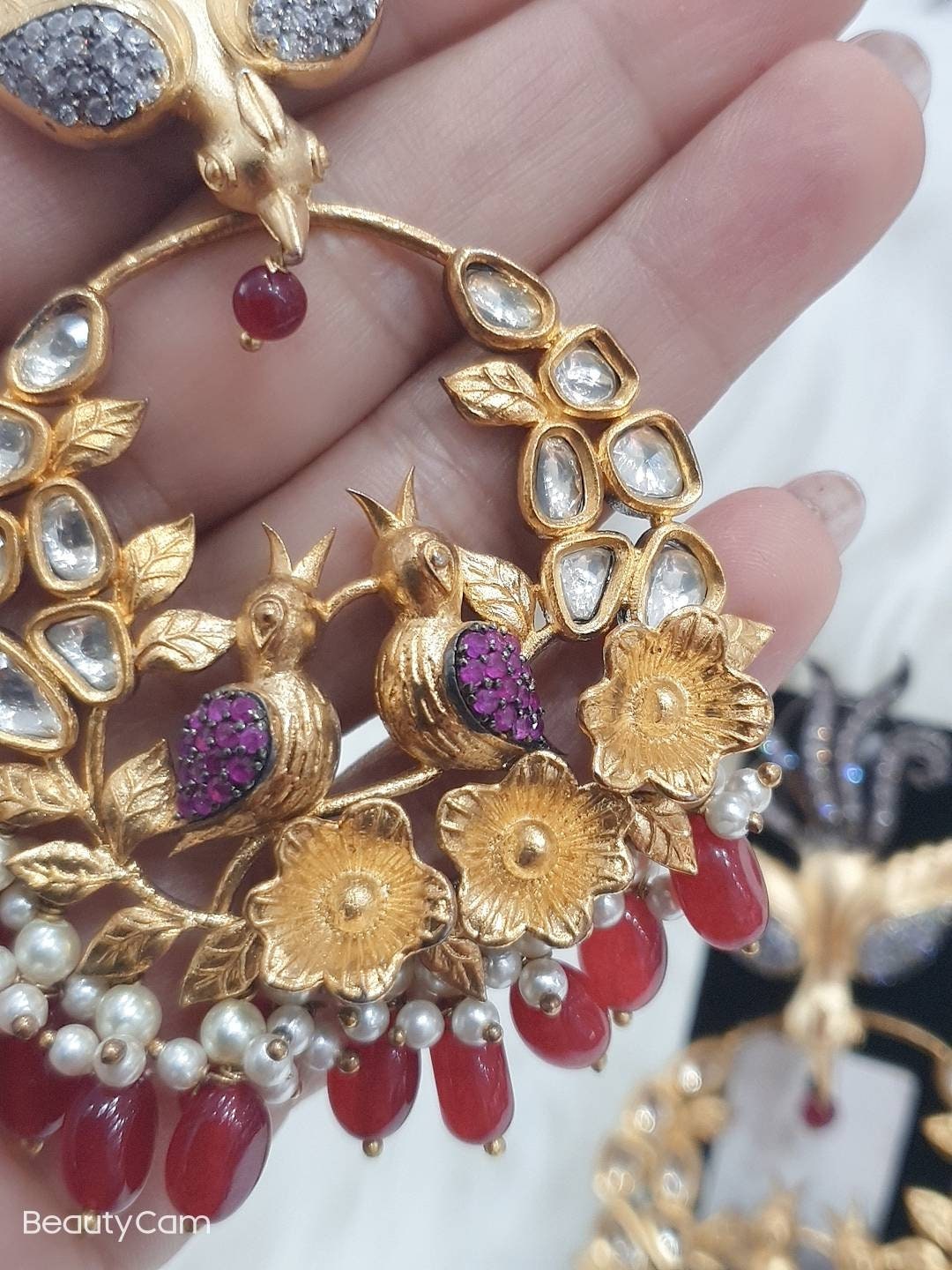 Semi Precious Gold Plated Sparrow Ruby Eyes Stone Earrings Pakistani Designer