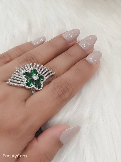 Emerald Green Ring with Silver Zirconia Finger Ring