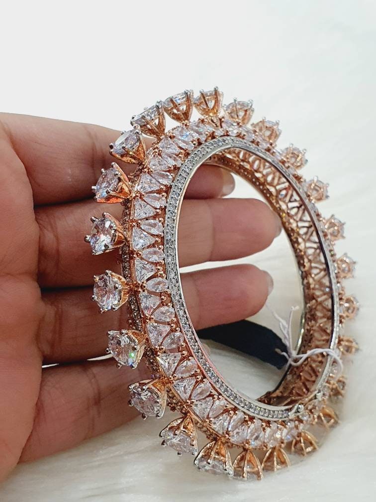 Rose Gold Bracelet, AD Bracelet, American Diamond Rose Gold Jewelry, Openable Bangle Size 2.6