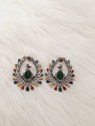 Multi Color Peacock Earrings, Black Polish Earrings, peacock jewelry indian