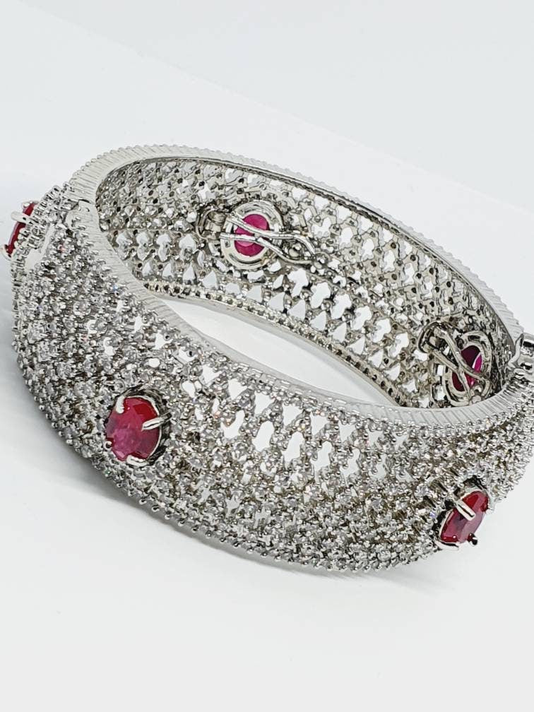 Silver Ruby Pink Bracelet, Silver CZ Bridal Bracelet, Silver Bridal Bracelet, Wedding Bracelet, Silver CZ Wedding Bracelet, CZ Bracelet