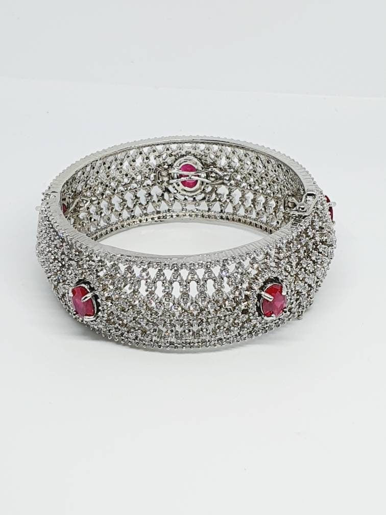 Silver Ruby Pink Bracelet, Silver CZ Bridal Bracelet, Silver Bridal Bracelet, Wedding Bracelet, Silver CZ Wedding Bracelet, CZ Bracelet