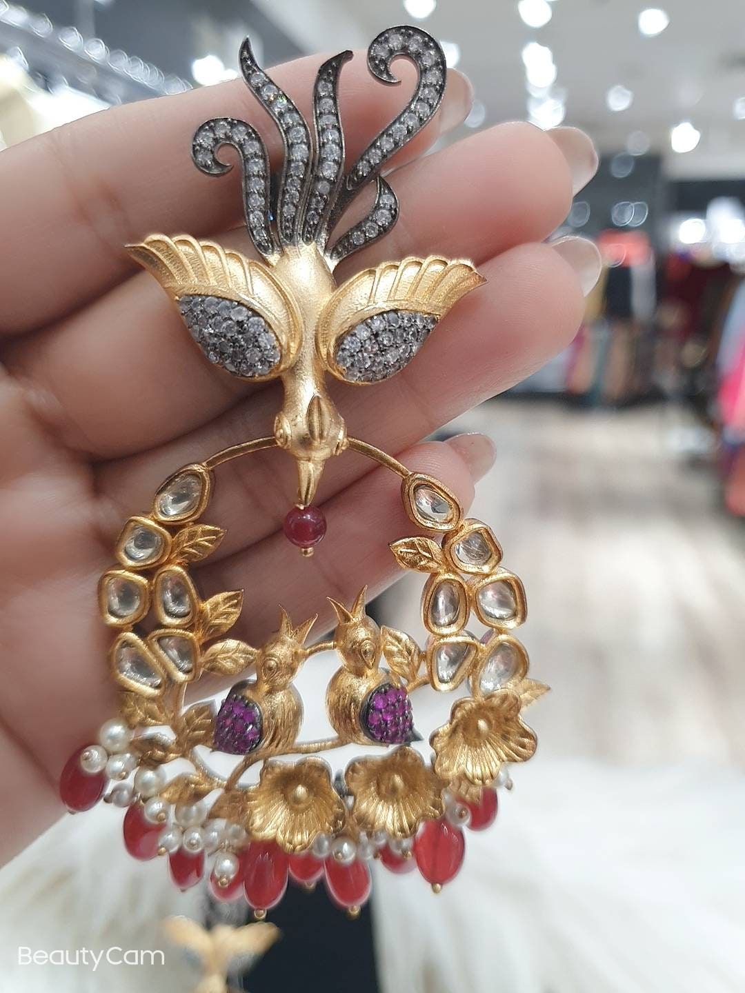 Semi Precious Gold Plated Sparrow Ruby Eyes Stone Earrings Pakistani Designer
