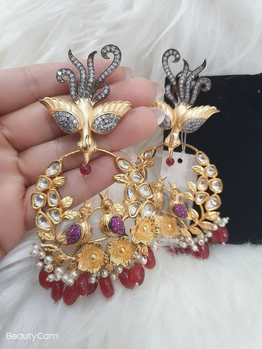 Semi Precious Gold Plated Sparrow Ruby Eyes Stone Earrings Pakistani Designer