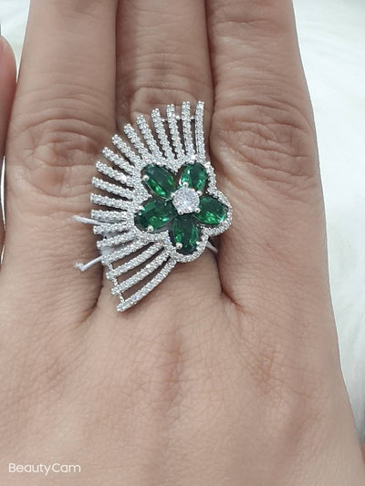 Emerald Green Ring with Silver Zirconia Finger Ring