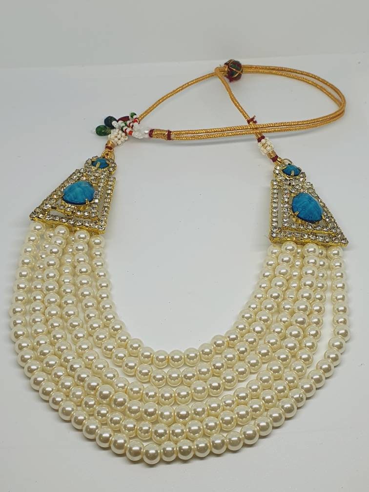 White Pearl Necklace with Blue Feroza Stone