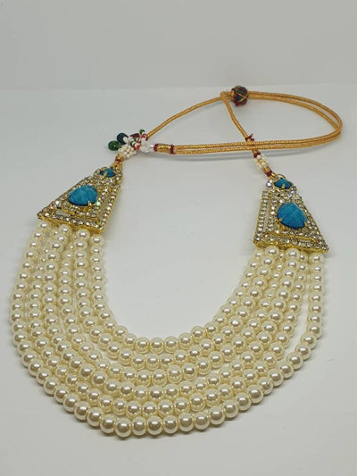 White Pearl Necklace with Blue Feroza Stone