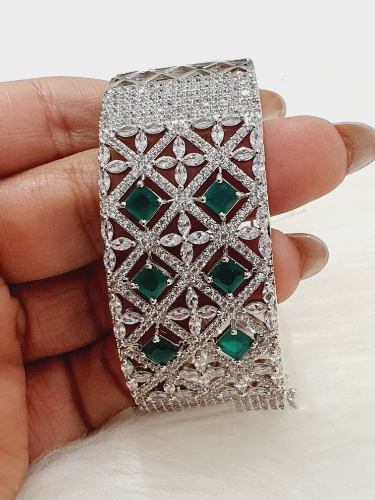 Emerald American Diamond With CZ Zircon Indian Wedding Cuff Bracelets