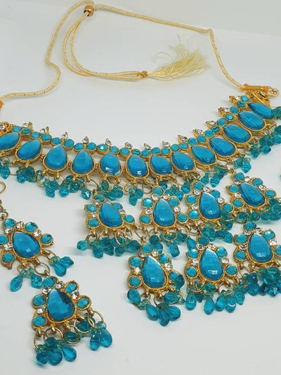 Ferozi Blue Necklace Set with Earrings and Tikka