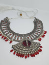 Antique Silver Ruby Red Large Pendant Choker, Silver Rolo Chain Necklace, Gift For Her, Unique Gift Idea, Boho Statement Silver Necklace