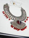 Antique Silver Ruby Red Large Pendant Choker, Silver Rolo Chain Necklace, Gift For Her, Unique Gift Idea, Boho Statement Silver Necklace