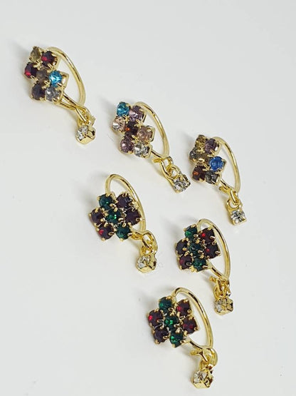 Jewelry gift for her,  6 Indian flower Nose Ring, Nose Hoop, Crystal Dangle Nose Ring, 8mm, Indian Nose Ring, Bridal Jewelry