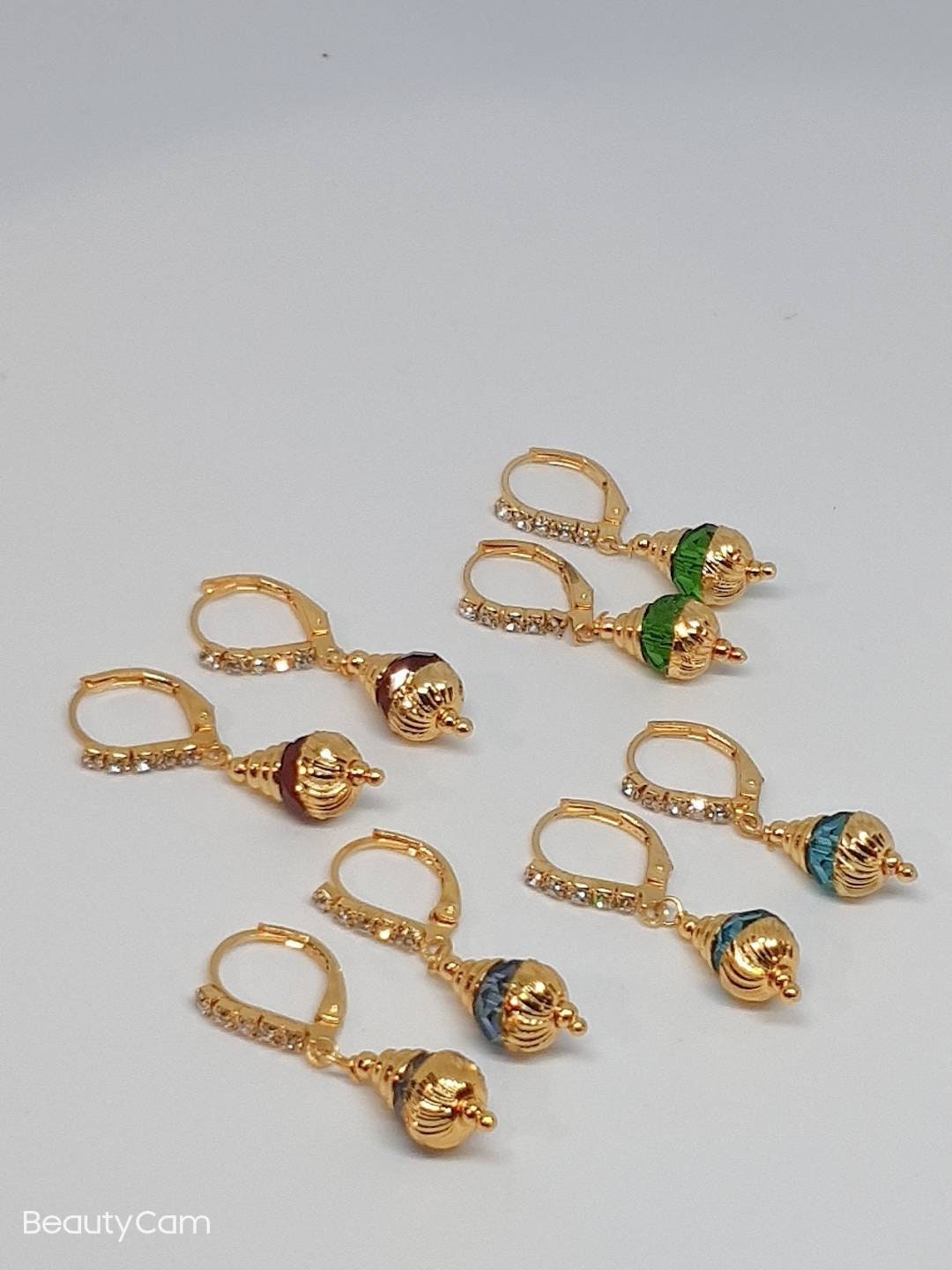 Gift for her - Vintage Lot Four Pair Stud Earrings Gold Toned Chunky Teardrop Round And Oval With Red Yellow Green Stones